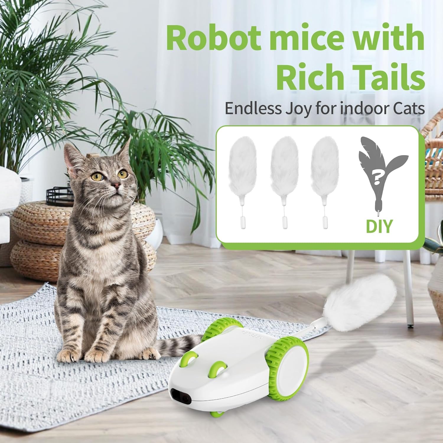 Automatic Cat Mouse Toys Interactive Cat Toys for Indoor Cats, Smart Sensing Moving Electric Cat Toys with Catnip Wand, USB Rechargeable Remote Control Squeaky Mouse Cat Toy, 3 Catnip Tails
