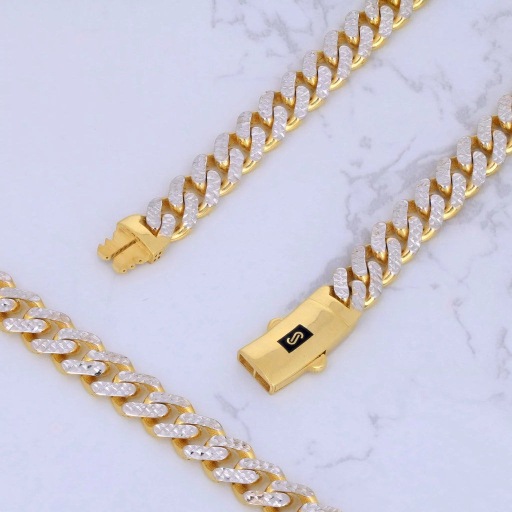 10K Real Yellow Gold Royal Monaco 7.5Mm Miami Cuban Diamond Cut Pave Link Necklace (18"-30") Two Tone Italian Jewelry for Men